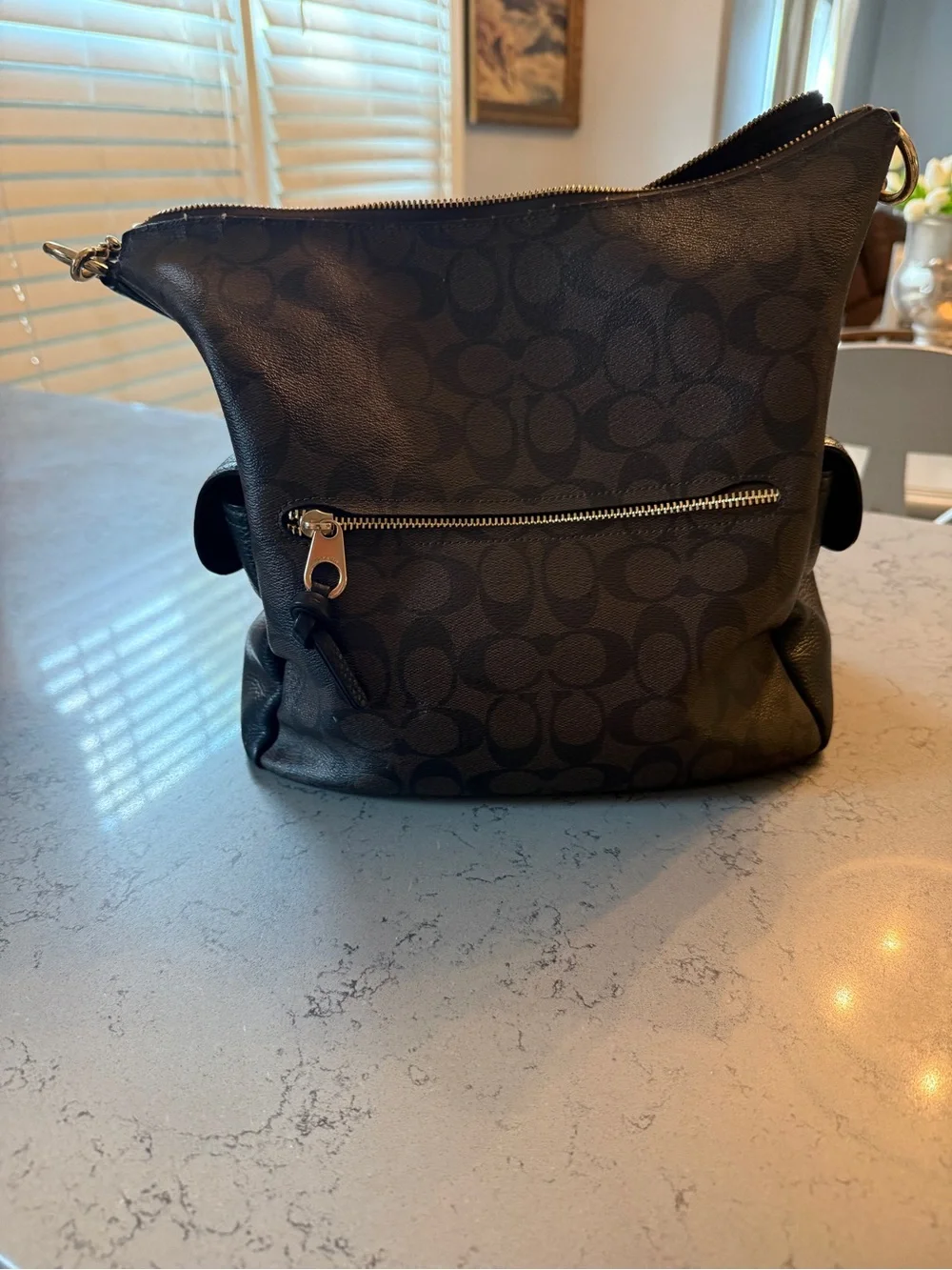 Coach Pennie Shoulder Bag Signature Canvas Brown Black Leather C1523